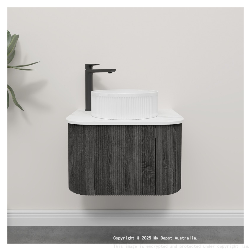 Kiama 600mm Dark Grey 1 Door Curved Wall Hung Fluted Bathroom Vanity