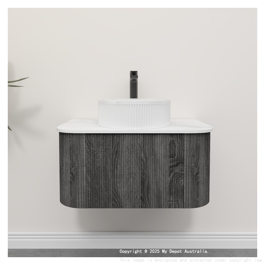 Kiama 750mm Dark Grey 1 Drawer Curved Wall Hung Fluted Bathroom Vanity