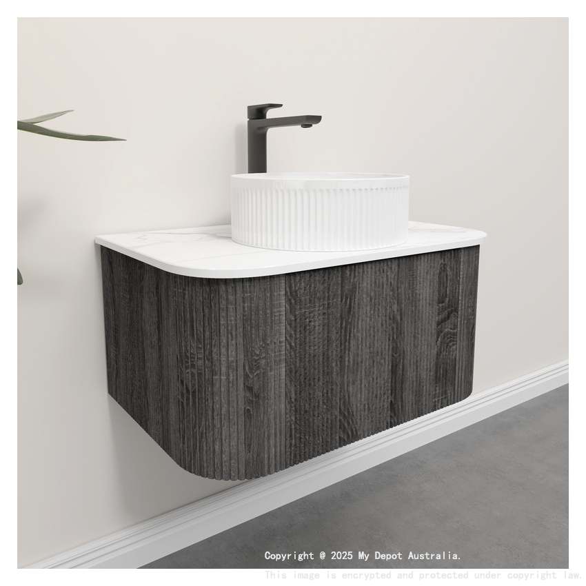 Kiama 750mm Dark Grey 1 Drawer Curved Wall Hung Fluted Bathroom Vanity