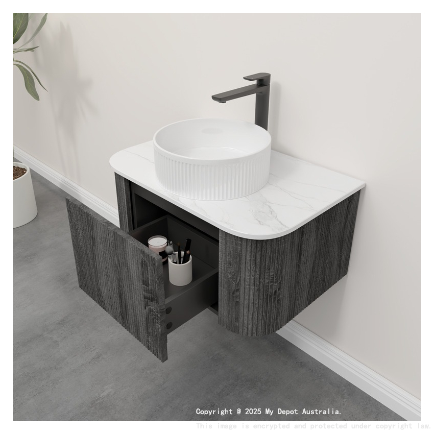 Kiama 750mm Dark Grey 1 Drawer Curved Wall Hung Fluted Bathroom Vanity