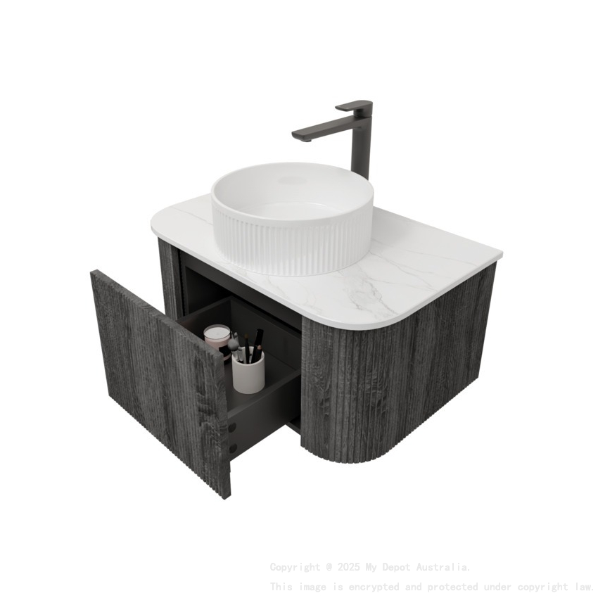 Kiama 750mm Dark Grey 1 Drawer Curved Wall Hung Fluted Bathroom Vanity