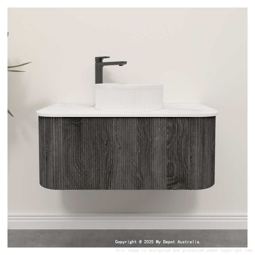 Kiama 950mm Dark Grey 1 Drawer Curved Wall Hung Fluted Bathroom Vanity