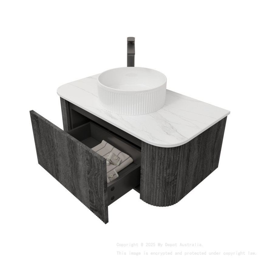 Kiama 950mm Dark Grey 1 Drawer Curved Wall Hung Fluted Bathroom Vanity