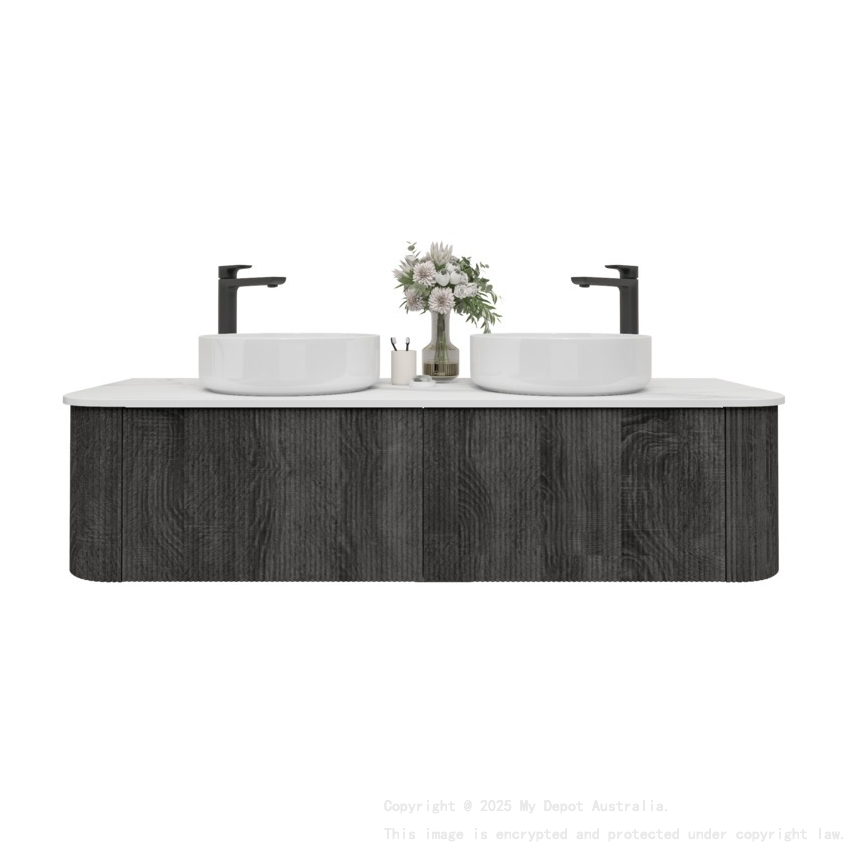 Kiama 1500mm Dark Grey 2 Drawers Curved Wall Hung Fluted Bathroom Vanity