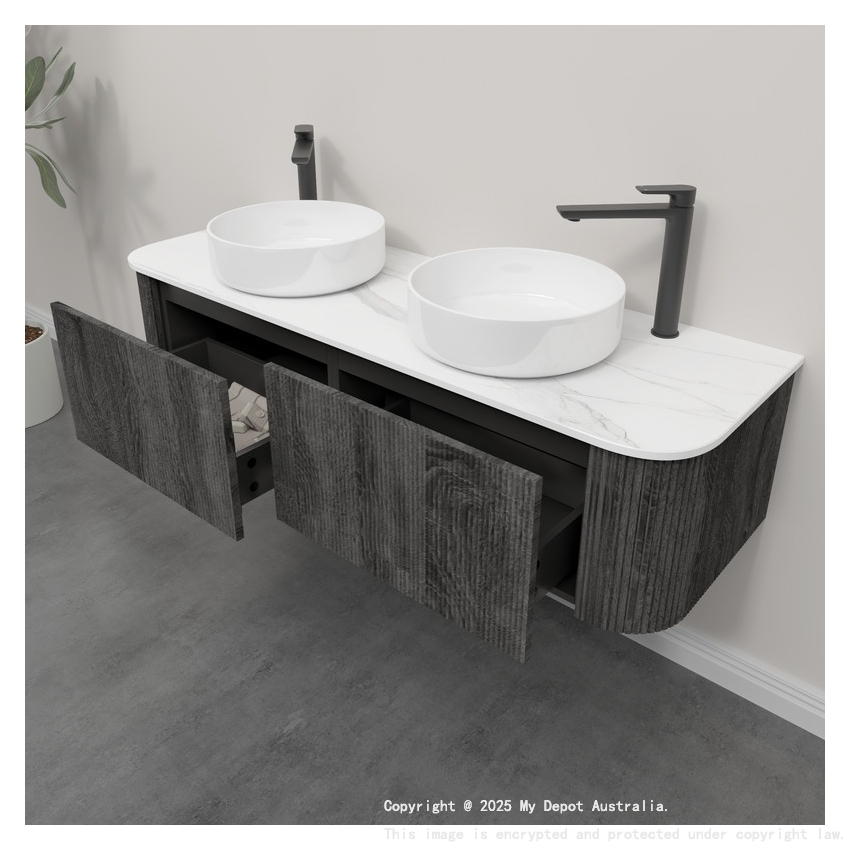 Kiama 1500mm Dark Grey 2 Drawers Curved Wall Hung Fluted Bathroom Vanity