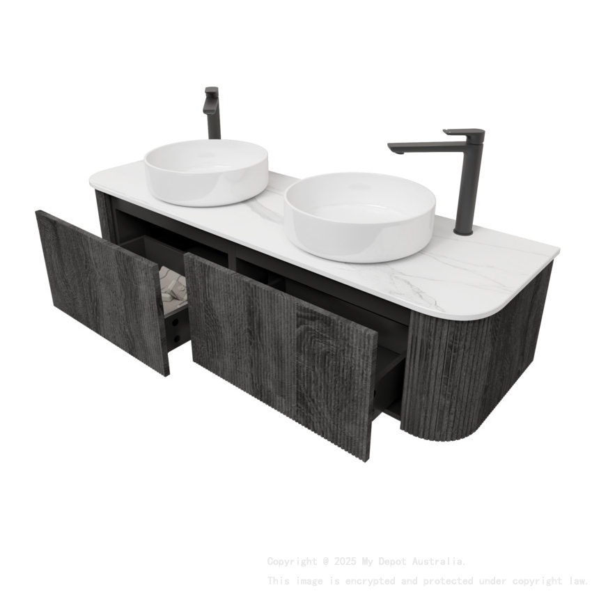Kiama 1500mm Dark Grey 2 Drawers Curved Wall Hung Fluted Bathroom Vanity