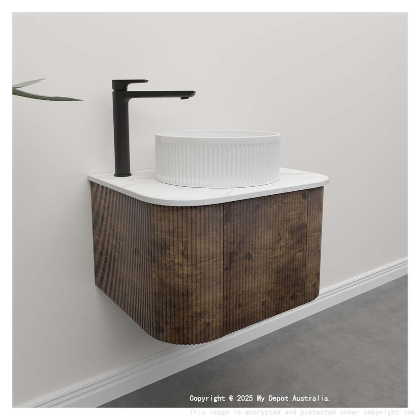 Kiama 600mm Dark Oak 1 Door Curved Wall Hung Fluted Bathroom Vanity