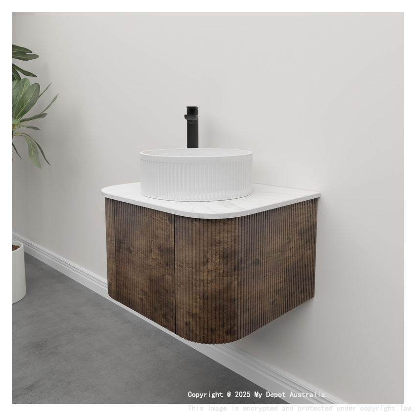 Kiama 600mm Dark Oak 1 Door Curved Wall Hung Fluted Bathroom Vanity