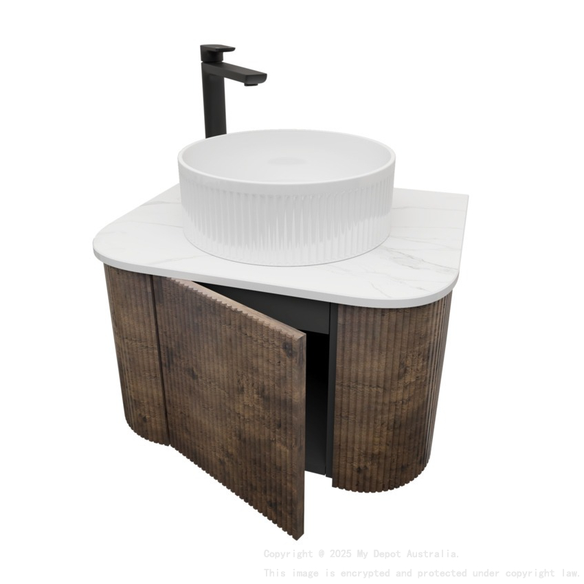 Kiama 600mm Dark Oak 1 Door Curved Wall Hung Fluted Bathroom Vanity