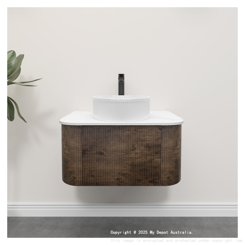 Kiama 750mm Dark Oak 1 Drawer Curved Wall Hung Fluted Bathroom Vanity