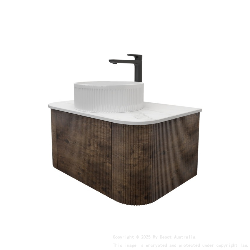 Kiama 750mm Dark Oak 1 Drawer Curved Wall Hung Fluted Bathroom Vanity