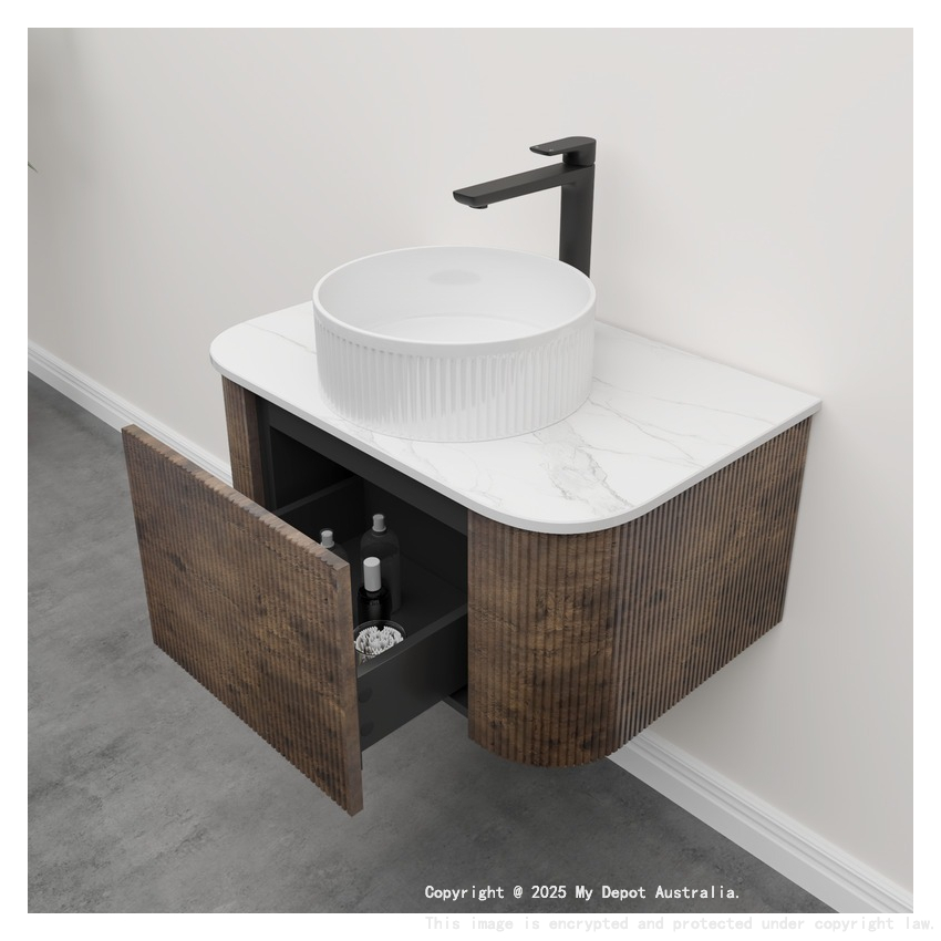 Kiama 750mm Dark Oak 1 Drawer Curved Wall Hung Fluted Bathroom Vanity