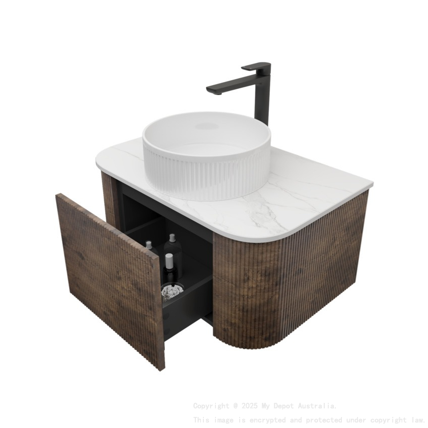 Kiama 750mm Dark Oak 1 Drawer Curved Wall Hung Fluted Bathroom Vanity