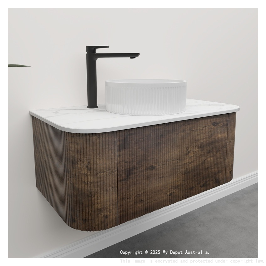 Kiama 950mm Dark Oak 1 Drawer Curved Wall Hung Fluted Bathroom Vanity