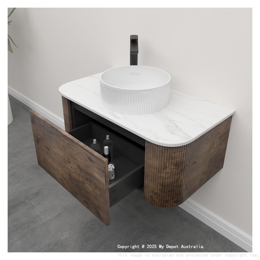 Kiama 950mm Dark Oak 1 Drawer Curved Wall Hung Fluted Bathroom Vanity