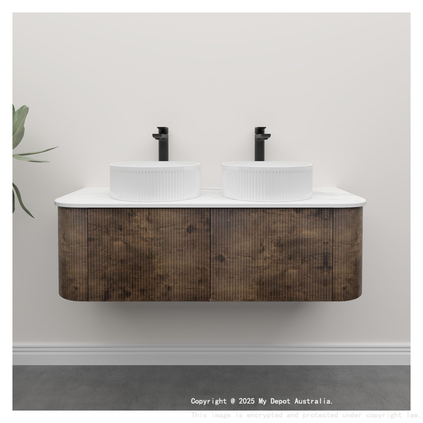 Kiama 1200mm Dark Oak 2 Drawers Curved Wall Hung Fluted Bathroom Vanity