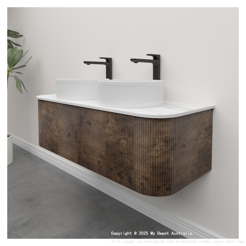 Kiama 1200mm Dark Oak 2 Drawers Curved Wall Hung Fluted Bathroom Vanity