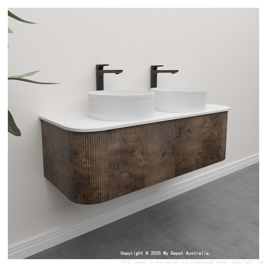 Kiama 1200mm Dark Oak 2 Drawers Curved Wall Hung Fluted Bathroom Vanity