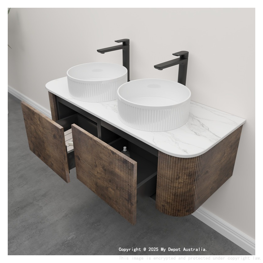 Kiama 1200mm Dark Oak 2 Drawers Curved Wall Hung Fluted Bathroom Vanity
