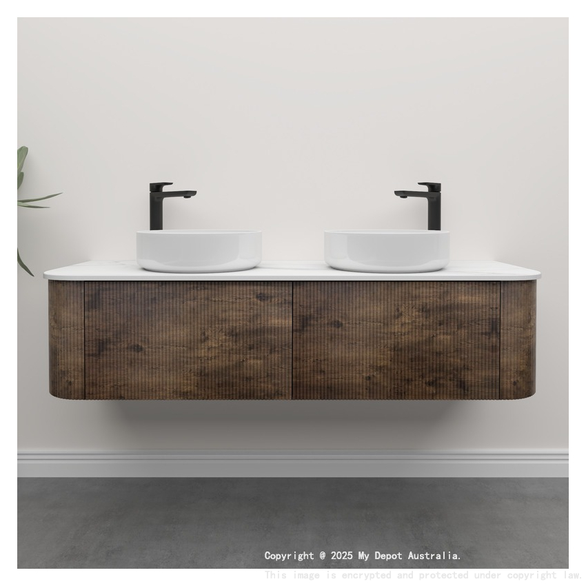 Kiama 1500mm Dark Oak 2 Drawers Curved Wall Hung Fluted Bathroom Vanity