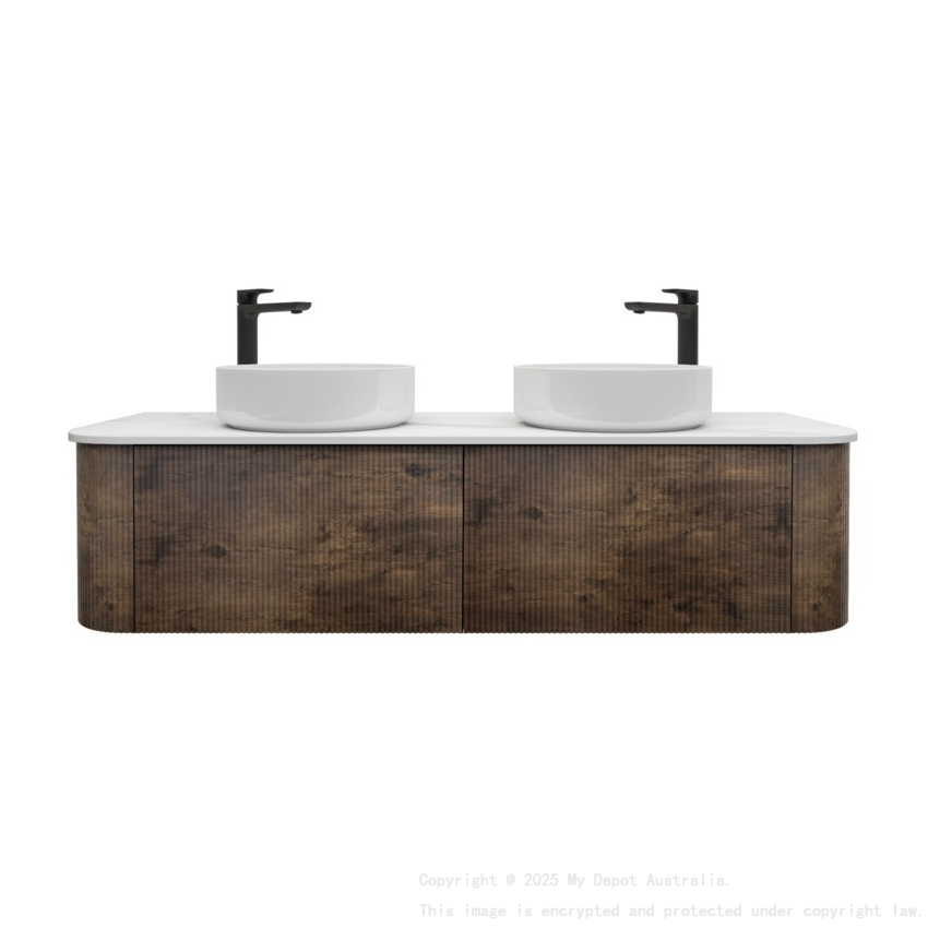 Kiama 1500mm Dark Oak 2 Drawers Curved Wall Hung Fluted Bathroom Vanity