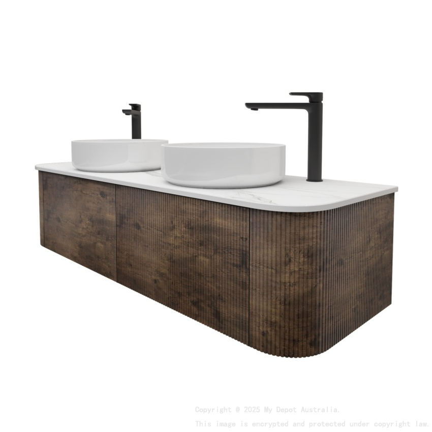 Kiama 1500mm Dark Oak 2 Drawers Curved Wall Hung Fluted Bathroom Vanity