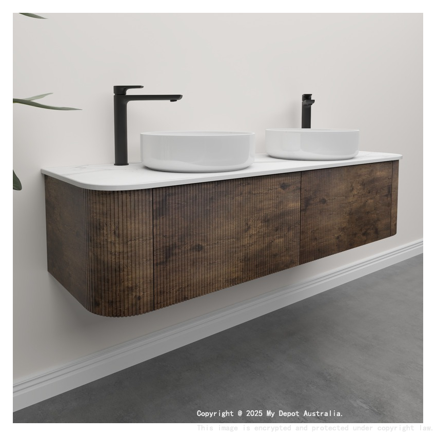 Kiama 1500mm Dark Oak 2 Drawers Curved Wall Hung Fluted Bathroom Vanity
