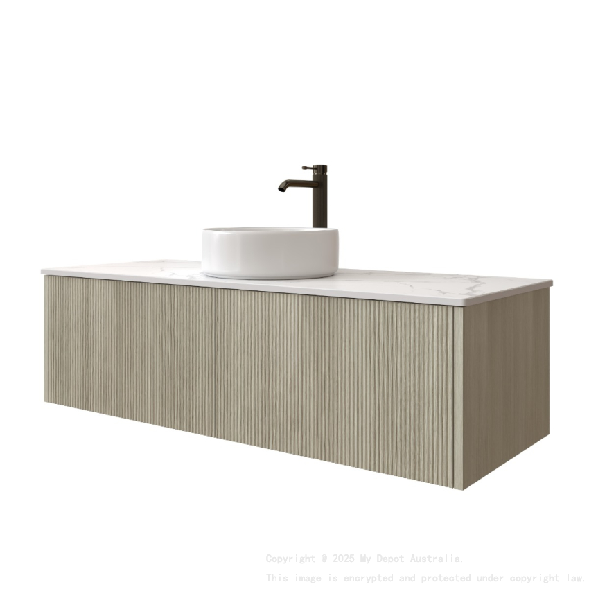 1200mm Kiama Coastal Oak 1 Right Hand Drawer 1 Left Hand Door Narrow Fluted Wall Hung Vanity Cabinet Only