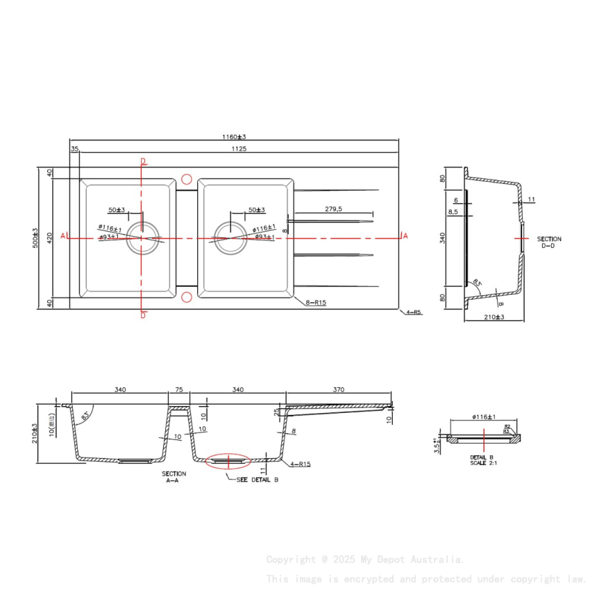 1160*500*210mm Cora Black Granite Sink Double Bowl With Drainer Right Hand Bowl