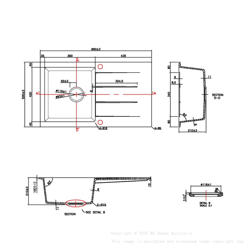 860*500*210mm Cora Black Granite Sink One Bowl With Drainer