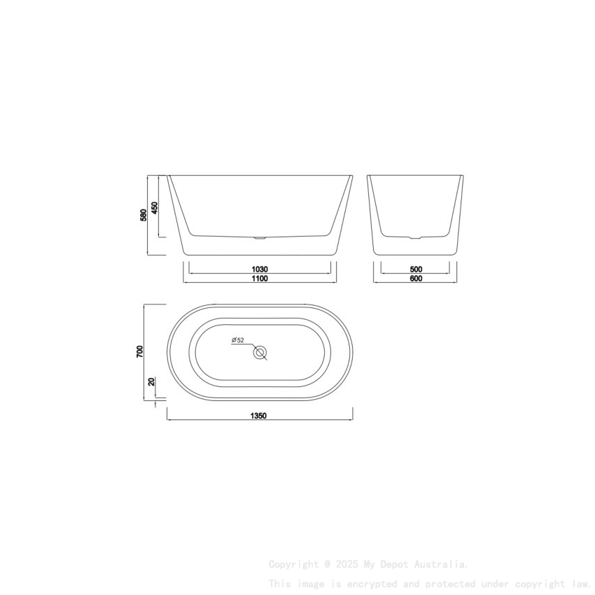 1350X700X580mm Gloss White Agena Acylic Free Standing Bathtub No Overflow Chrome Waste And Pipe Included