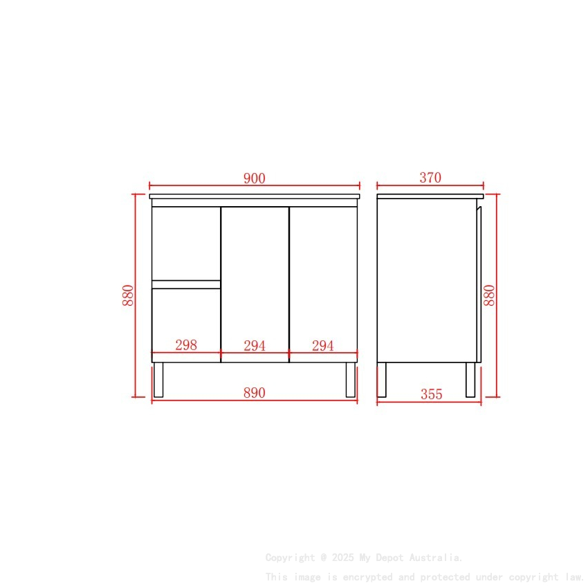 890*355*860mm Ensuite Gloss White Alpha Ensuite Free Standing PVC Vanity,Left Hand Drawers