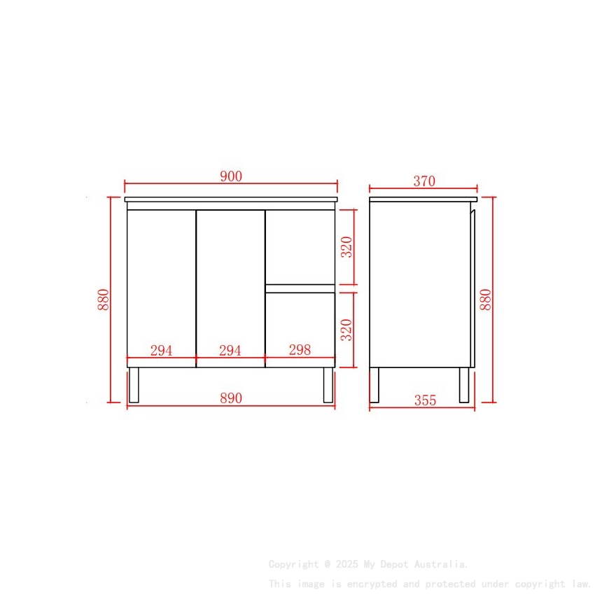890*355*860mm Ensuite Gloss White Alpha Ensuite Free Standing PVC Vanity,Right Hand Drawers