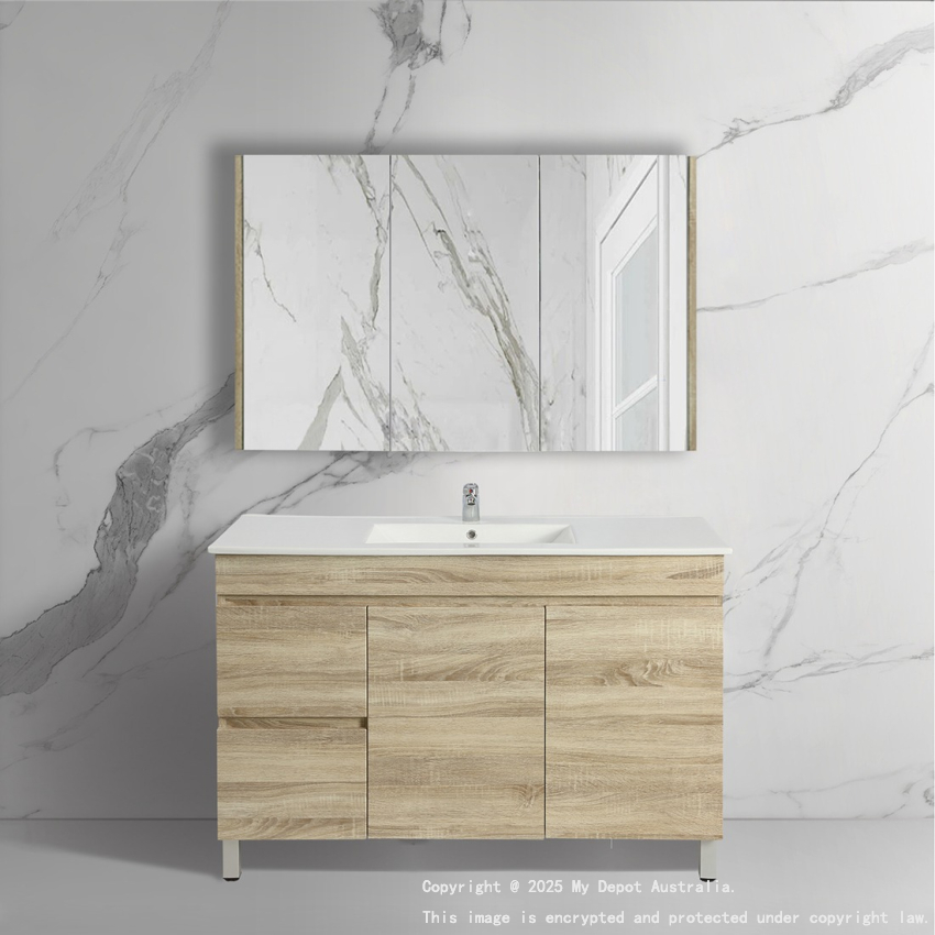 1200mm White Oak Free Standing MDF Bathroom Vanity Left Drawers Cabinet Only