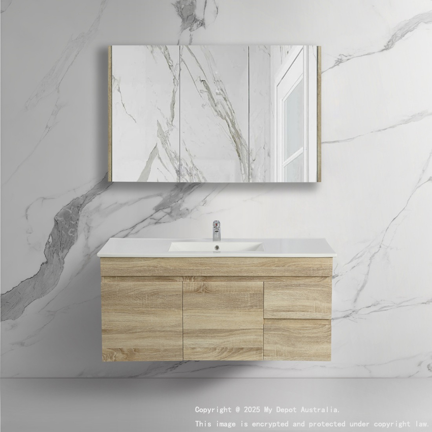 1200mm White Oak MDF Bathroom Vanity Left Drawers Wall Hung Cabinet Only