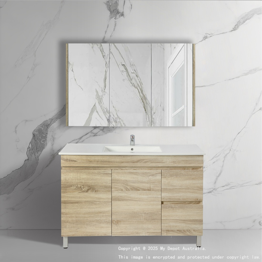 1200mm White Oak MDF Bathroom Vanity Right Drawers Free Standing Cabinet Only