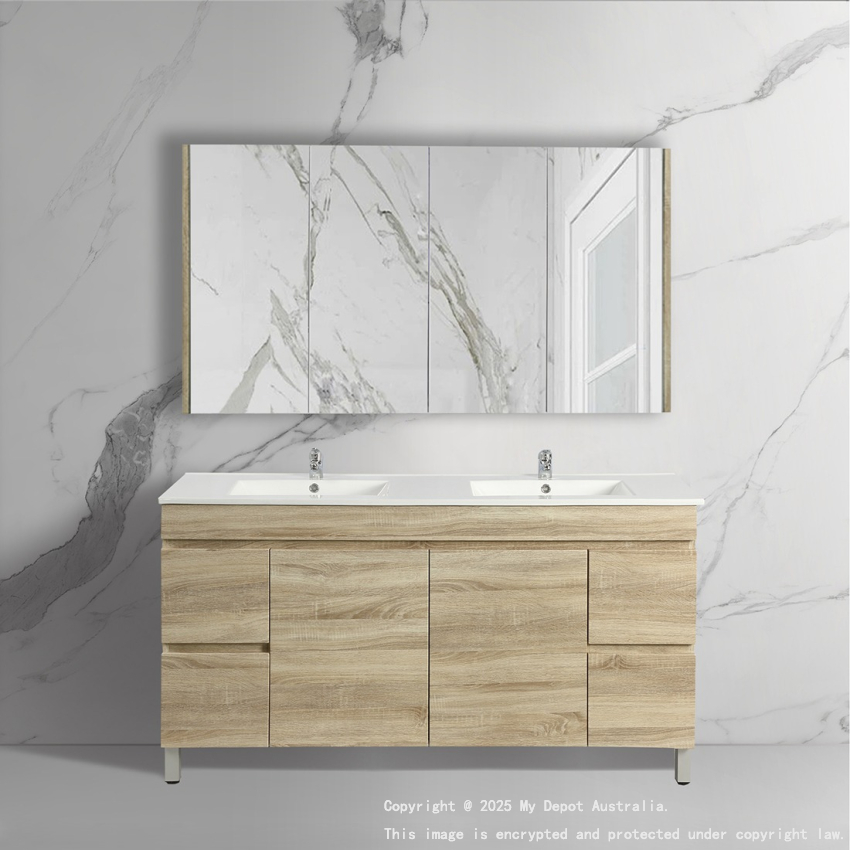 1500mm White Oak MDF Bathroom Vanity 4 Side Drawers 2 Middle Doors Free Standing Cabinet Only
