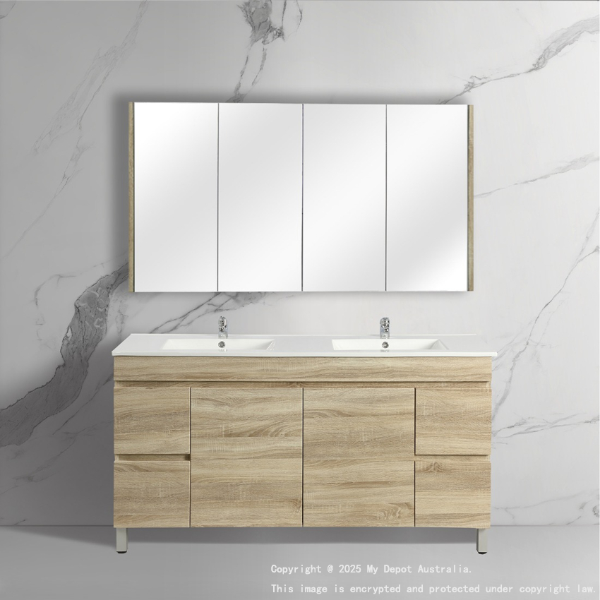 1500mm White Oak MDF Bathroom Vanity 4 Side Drawers 2 Middle Doors Free Standing Cabinet Only