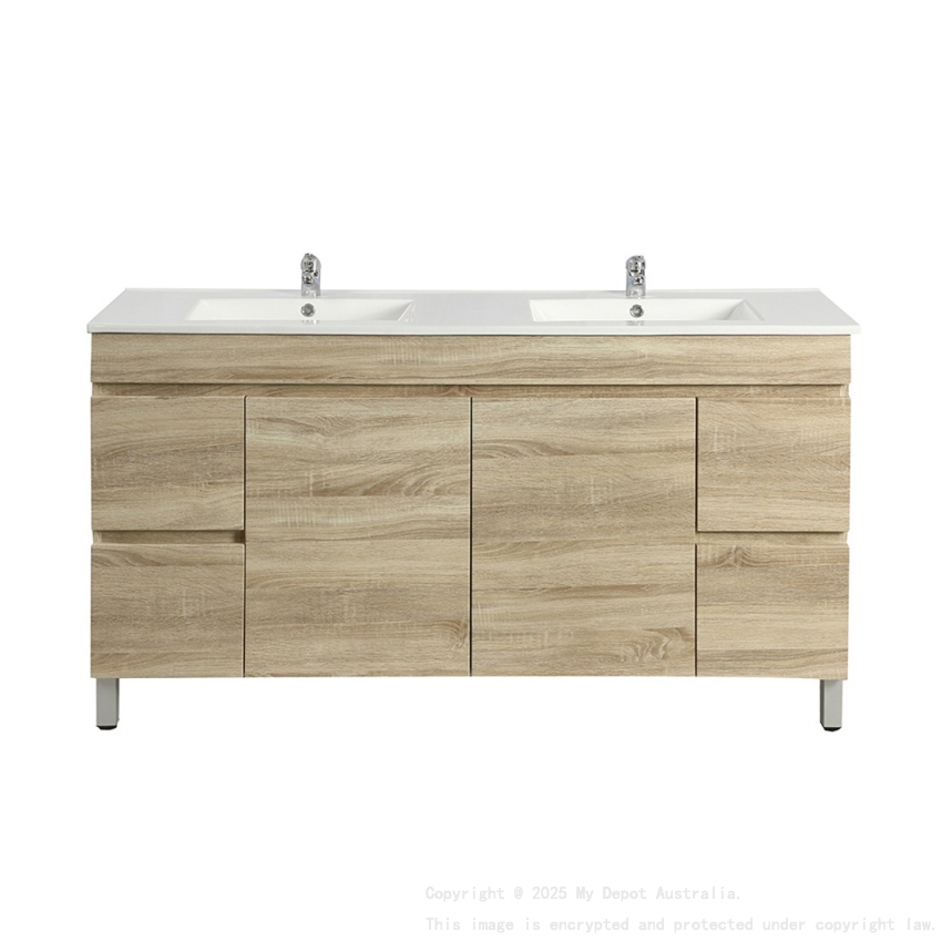 1500mm White Oak MDF Bathroom Vanity 4 Side Drawers 2 Middle Doors Free Standing Cabinet Only