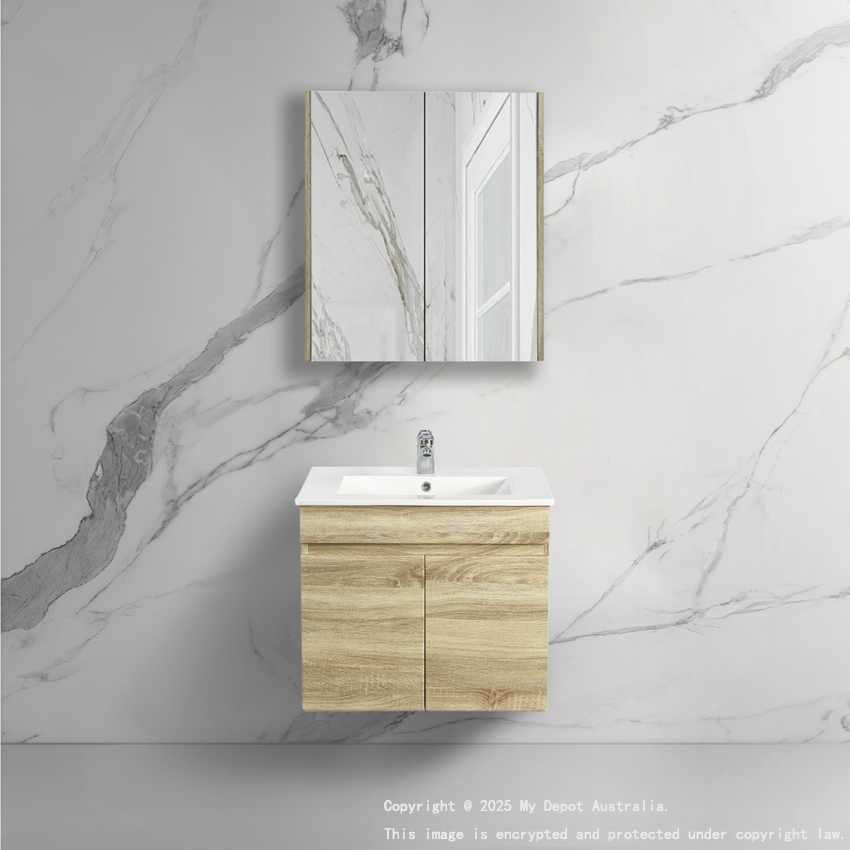 600mm White Oak MDF Bathroom Vanity 2 Doors Wall Hung Cabinet Only