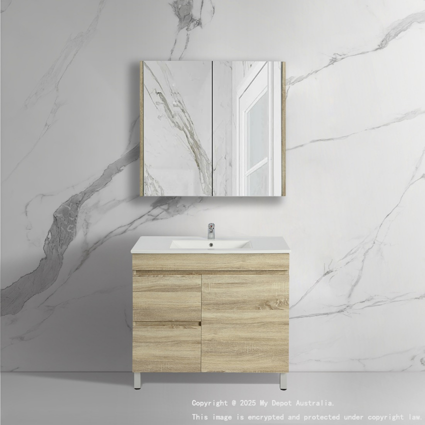 750mm Narrow White Oak MDF Bathroom Vanity Left Drawers Free Standing Cabinet Only