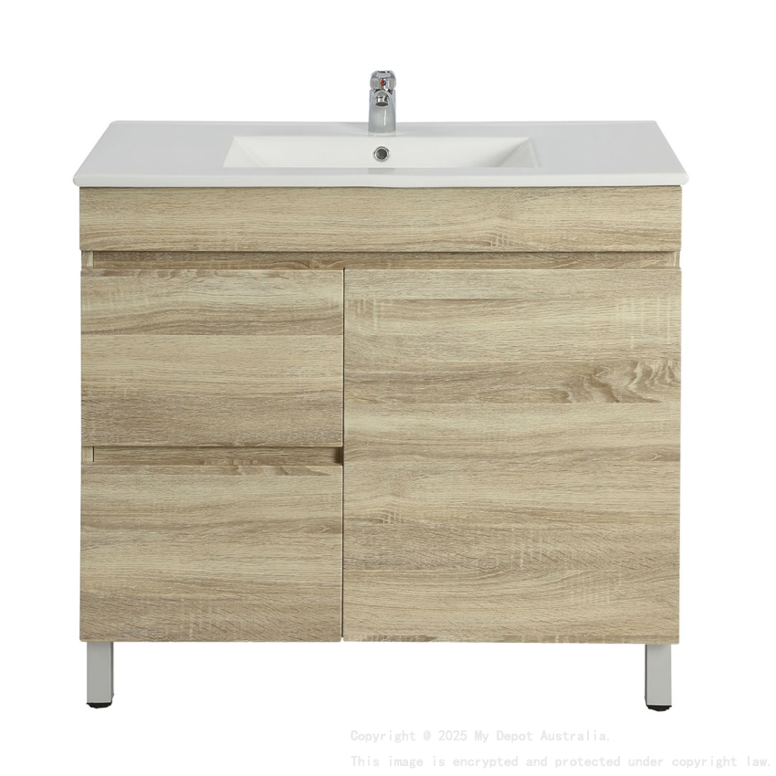 750mm Narrow White Oak MDF Bathroom Vanity Left Drawers Free Standing Cabinet Only