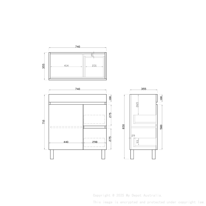 750mm Narrow White Oak MDF Bathroom Vanity Right Drawers Free Standing Cabinet Only