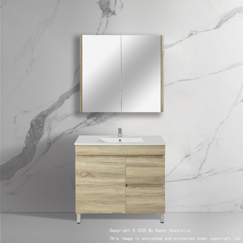750mm Narrow White Oak MDF Bathroom Vanity Right Drawers Free Standing Cabinet Only