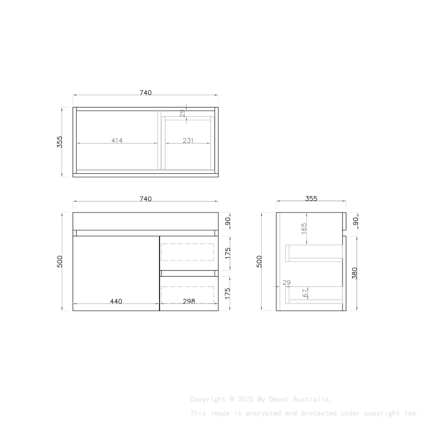 750mm Narrow Dark Oak MDF Bathroom Vanity Right Drawers Wall Hung Cabinet Only