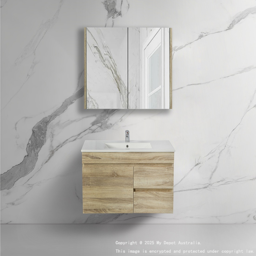 750mm Narrow White Oak MDF Bathroom Vanity Right Drawers Wall Hung Cabinet Only