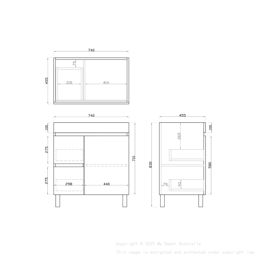 750mm Dark Oak MDF Bathroom Vanity Left Drawers Free Standing Cabinet Only