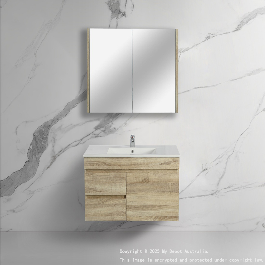 750mm White Oak MDF Bathroom Floating Vanity Left Drawers 1 Door Wall Hung Cabinet Only