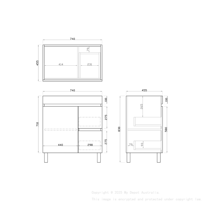 750mm Dark Oak MDF Bathroom Vanity Right Drawers Free Standing Cabinet Only