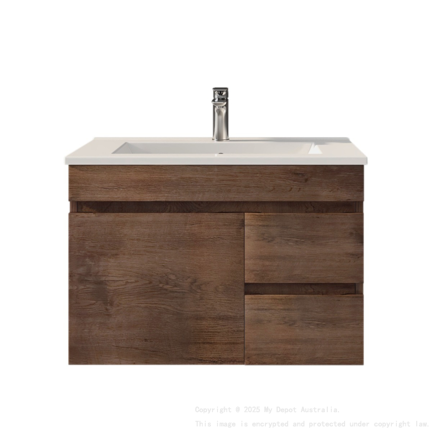 750mm Dark Oak MDF Bathroom Vanity Right Drawers Wall Hung Cabinet Only